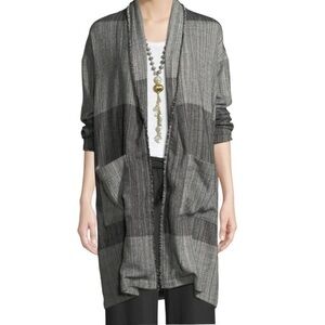 Eileen Fisher Organic Cotton Open Front Striped Long Cardigan Jacket